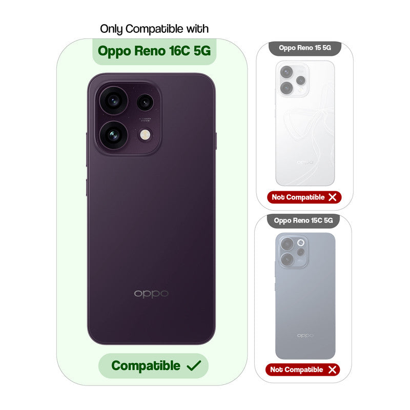 Compatibility guide showing the back cover designed only for Oppo Reno 16C 5G.