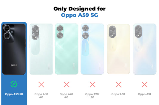 Clear hard back case compatibility guide showing fit for Oppo A59 5G and not compatible with other models