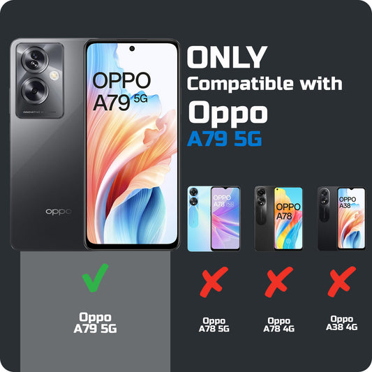 Clear hard back case compatibility guide showing fit for Oppo A79 5G and not compatible with other models