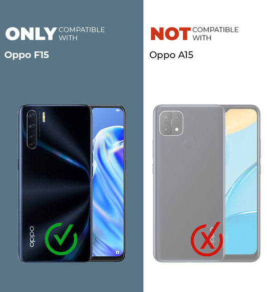 Clear hard back case compatibility guide showing fit for Oppo F15 and not compatible with other models