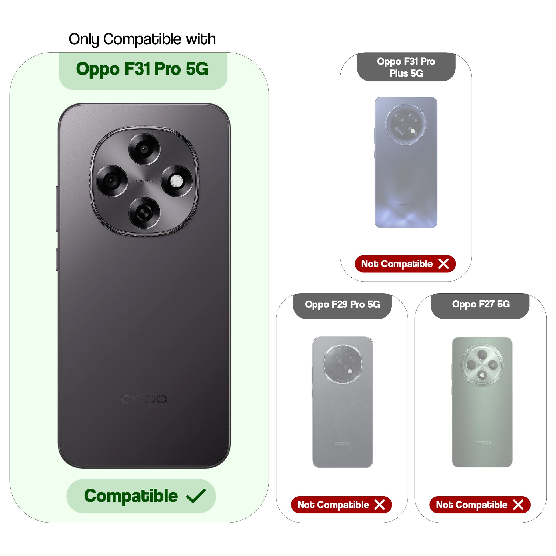 Compatibility guide showing the back cover designed only for Oppo F31 Pro 5G.