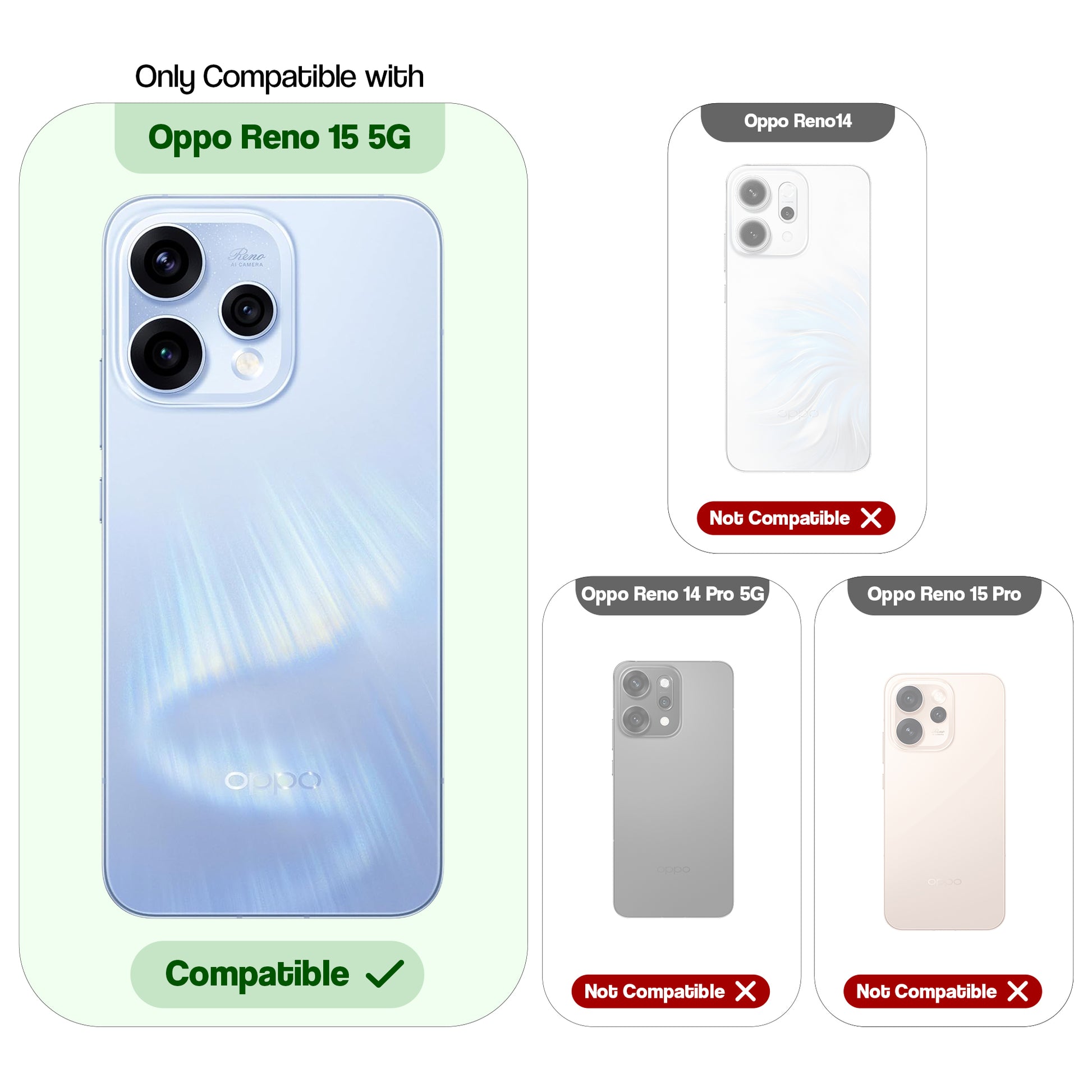 Compatibility guide showing the back cover designed only for Oppo Reno 15 5G.