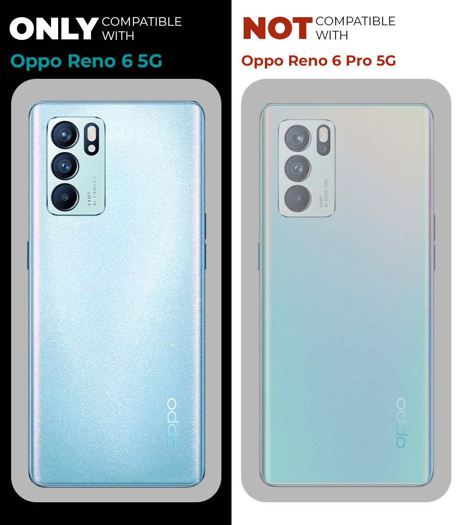 Clear hard back case compatibility guide showing fit for Oppo Reno 6 5G and not compatible with other models