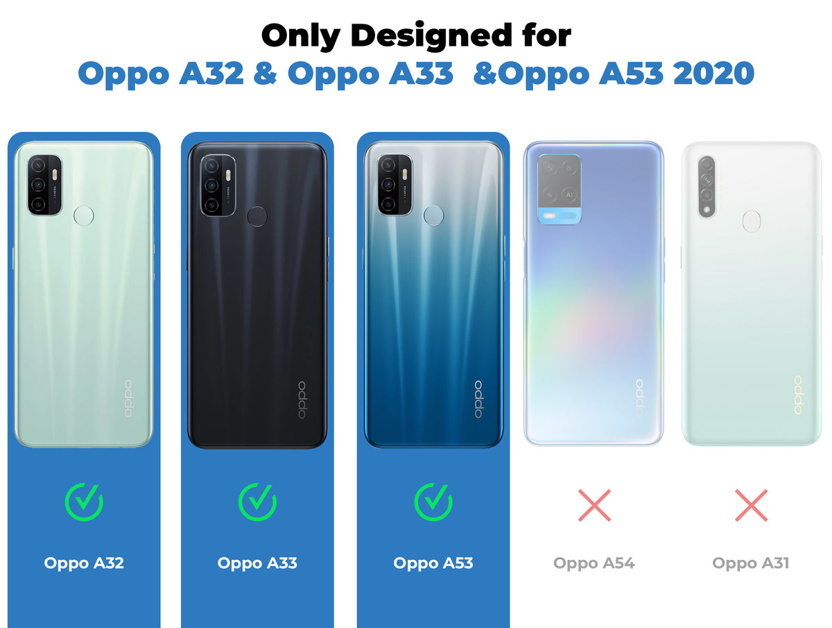Clear hard back case compatibility guide showing fit for Oppo A33 2020 and not compatible with other models