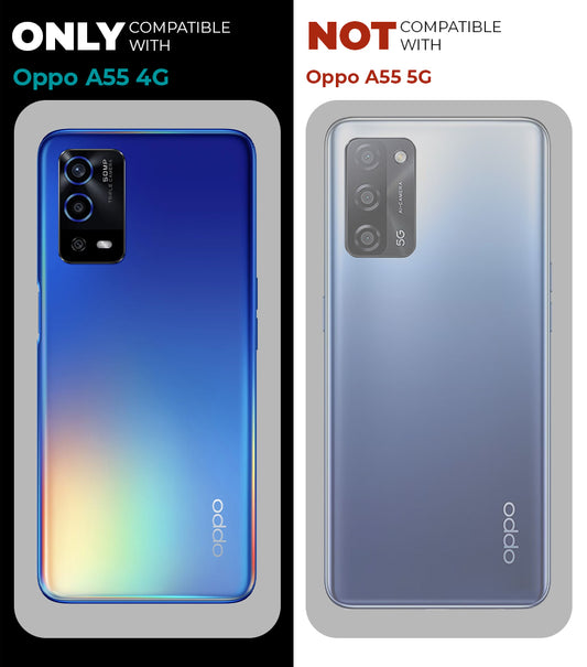 Clear hard back case compatibility guide showing fit for Oppo A55 4G and not compatible with other models