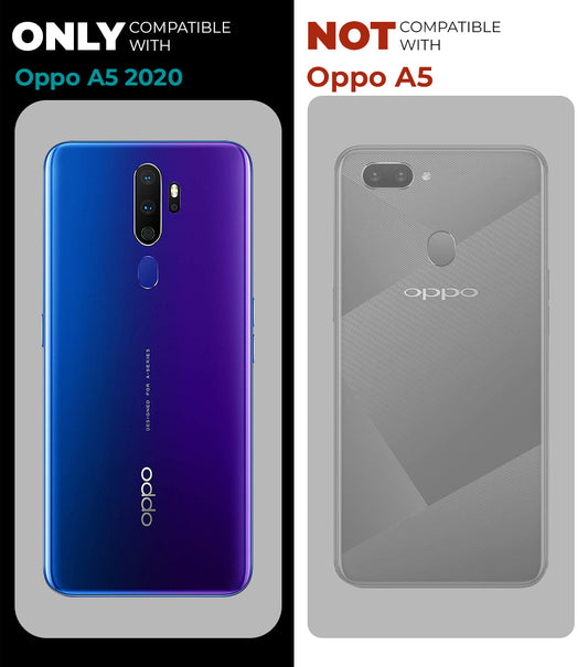 Clear hard back case compatibility guide showing fit for Oppo A5 2020 and not compatible with other models