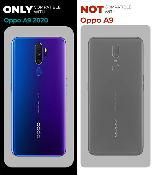 Clear hard back case compatibility guide showing fit for Oppo A9 2020 and not compatible with other models
