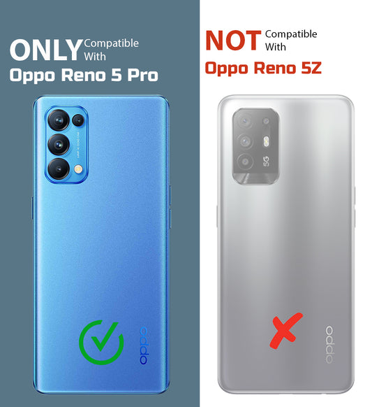 Clear hard back case compatibility guide showing fit for Oppo Reno 5 Pro and not compatible with other models