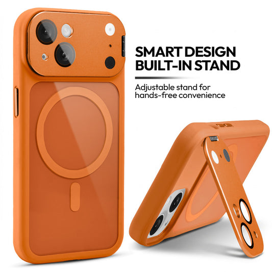 Apple iPhone 15 Case with MagSafe Compatibility, Flip-Open Camera Cover Stand, Glossy Glass Back & Metallic Buttons