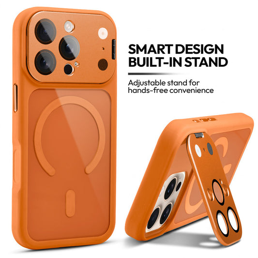 Apple iPhone 16 Pro Case with MagSafe Compatibility, Flip-Open Camera Cover Stand, Glossy Glass Back & Metallic Buttons
