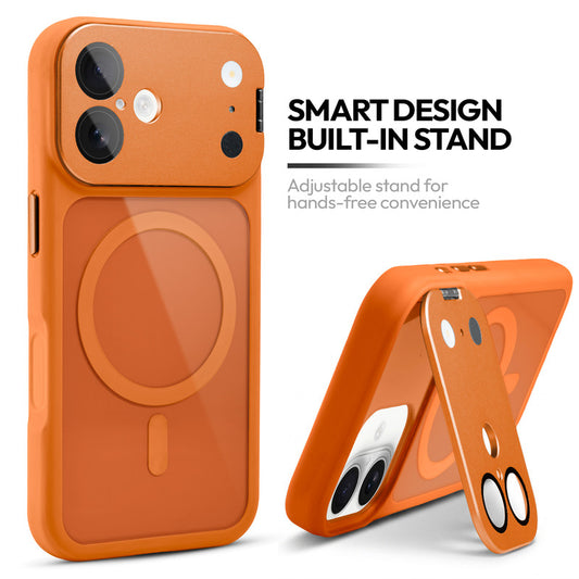 Apple iPhone 16 Case with MagSafe Compatibility, Flip-Open Camera Cover Stand, Glossy Glass Back & Metallic Buttons