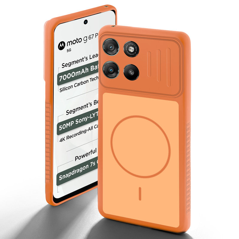 Orange back cover for Motorola G67 Power 5G with camera cut protection and ring design on back side.