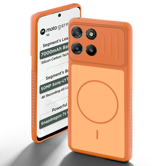 Orange back cover for Motorola G67 Power 5G with camera cut protection and ring design on back side.