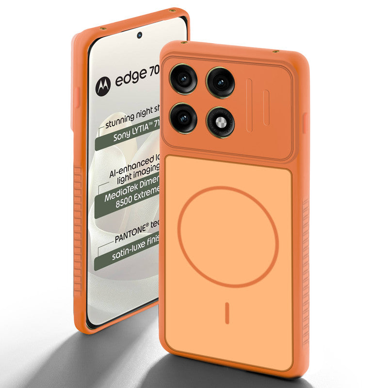 Orange back cover for Motorola Moto Edge 70 Pro 5G with camera cut protection and ring design on back side.