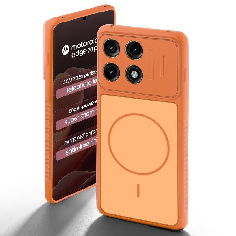 Orange back cover for Motorola Moto Edge 70 Pro Plus 5G with camera cut protection and ring design on back side.