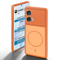 Orange back cover for Motorola Moto G96 5G with camera cut protection and ring design on back side.