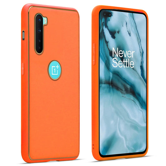 Premium Leather Texture Case with Gold Electroplated Border for OnePlus Nord 5G