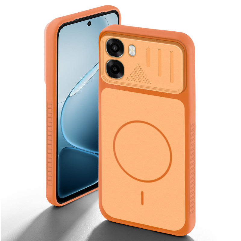 Orange back cover for Oppo A6x 5G with camera cut protection and ring design on back side.