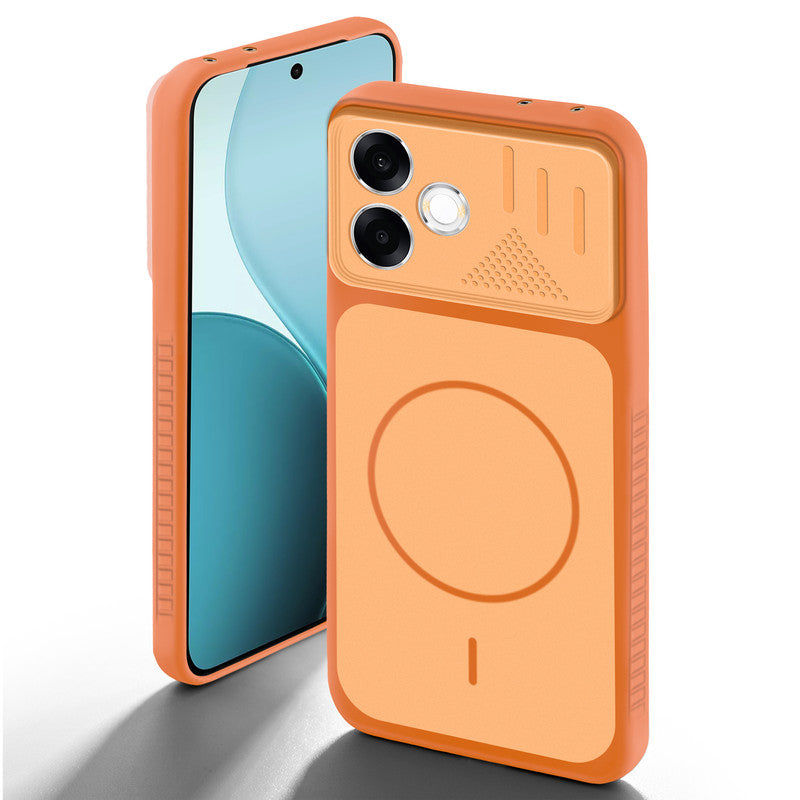 Orange back cover for Oppo F33 Pro 5G with camera cut protection and ring design on back side.
