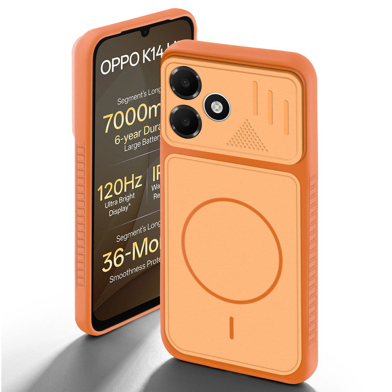 Orange back cover for OPPO K14 Lite 5G with camera cut protection and ring design on back side.
