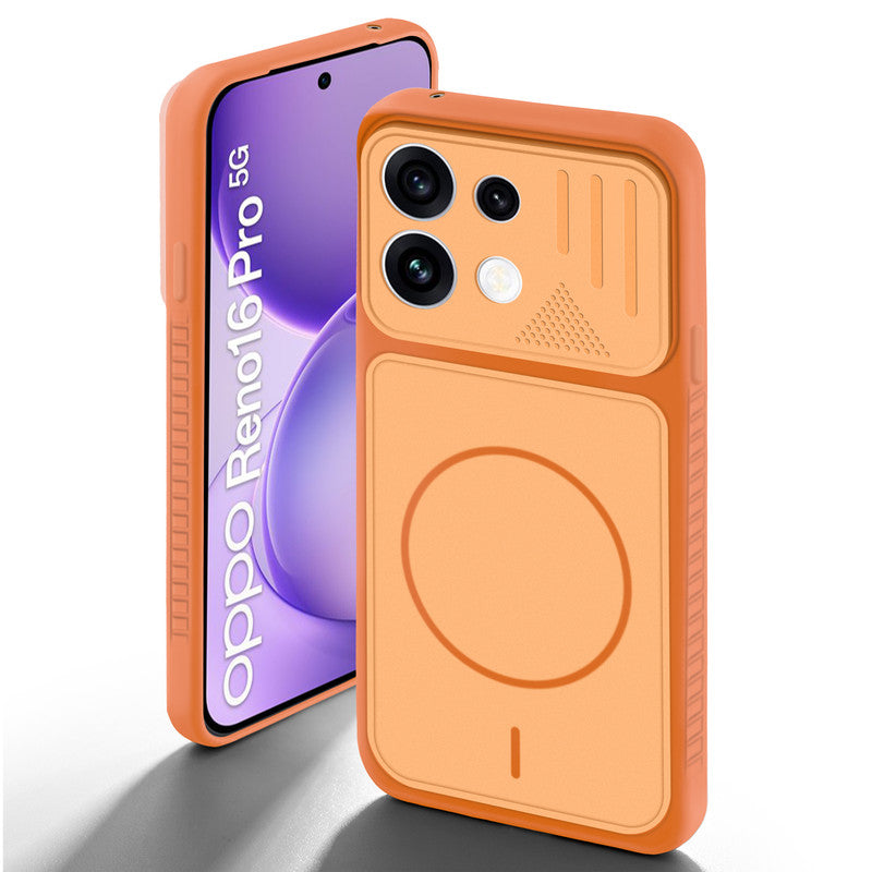 Orange back cover for Oppo Reno 16 Pro 5G with camera cut protection and ring design on back side.