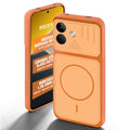 Orange back cover for POCO X8 5G with camera cut protection and ring design on back side.