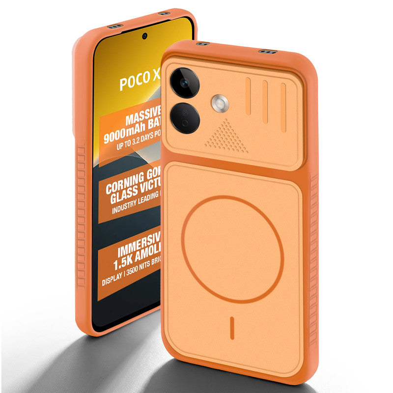 Orange back cover for POCO X8 5G with camera cut protection and ring design on back side.