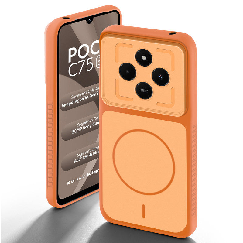 Orange back cover for Poco C75 5G with camera cut protection and ring design on back side.
