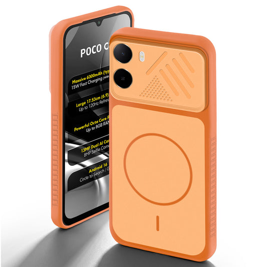 Orange back cover for Poco C81 4G with camera cut protection and ring design on back side.