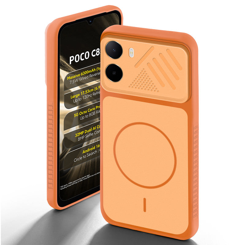 Orange back cover for Poco C85x 5G with camera cut protection and ring design on back side.