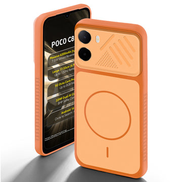 Orange back cover for Poco C85x 5G with camera cut protection and ring design on back side.