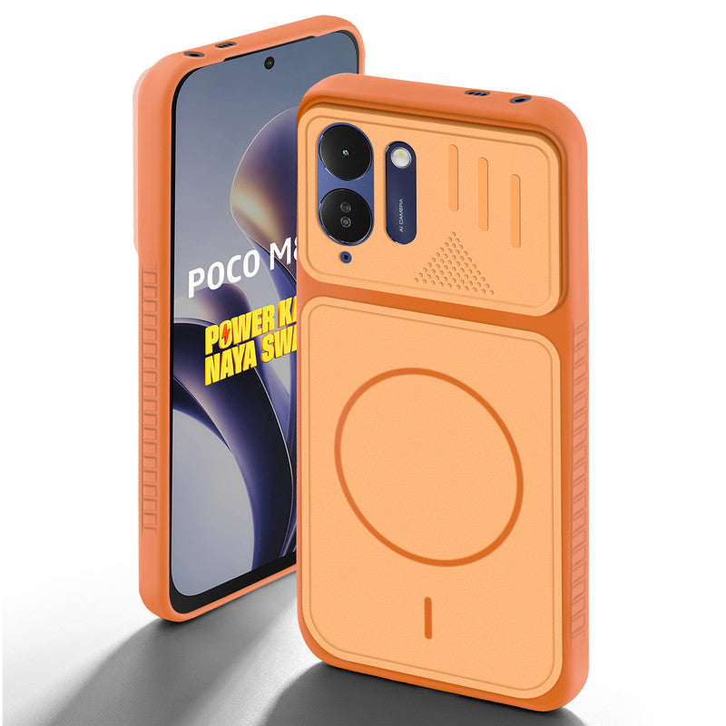 Orange back cover for Poco M8x 5G with camera cut protection and ring design on back side.