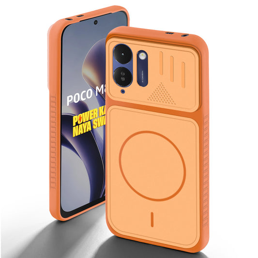 Orange back cover for Poco M8x 5G with camera cut protection and ring design on back side.