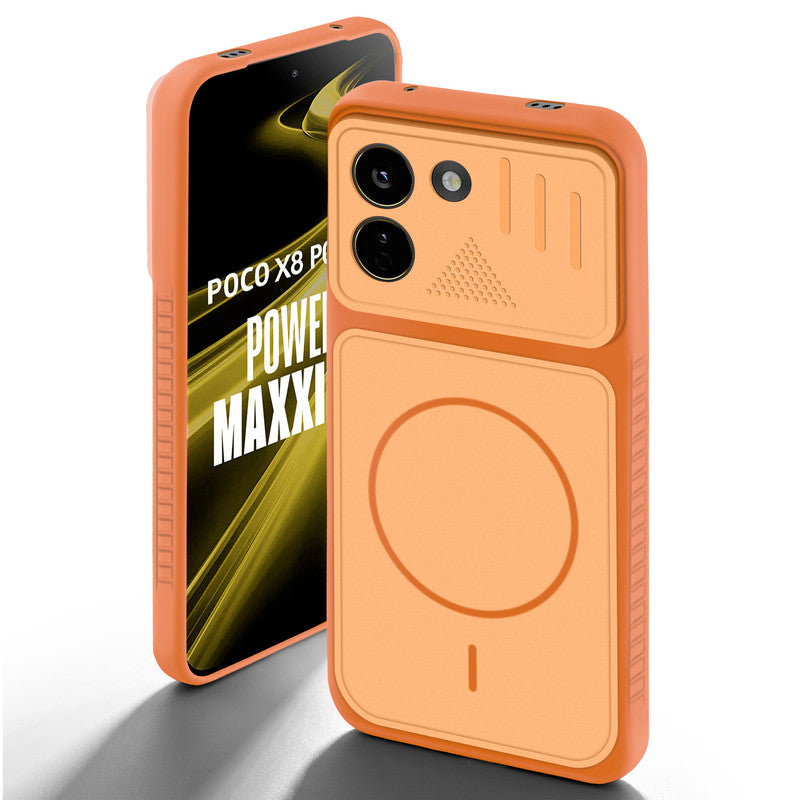 Orange back cover for Poco X8 Power 5G with camera cut protection and ring design on back side.