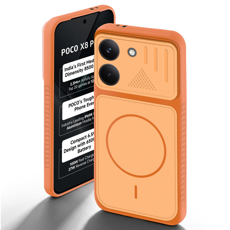 Orange back cover for Poco X8 Pro 5G with camera cut protection and ring design on back side.