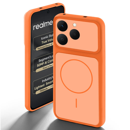 Orange back cover for Realme 15T 5Gwith camera cut protection and ring design on back side.