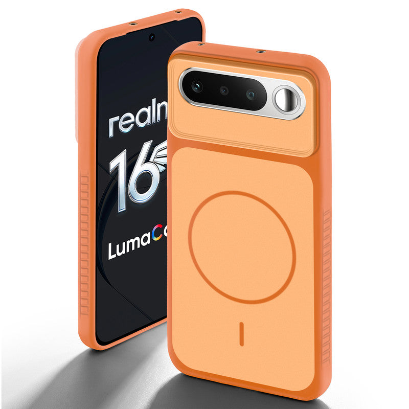 Orange back cover for Realme 16 5G with camera cut protection and ring design on back side.