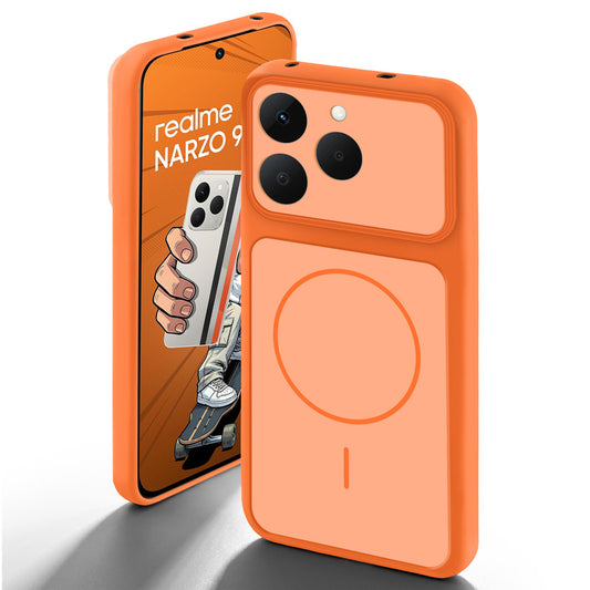 Orange back cover for Realme Narzo 90 5G with camera cut protection and ring design on back side.