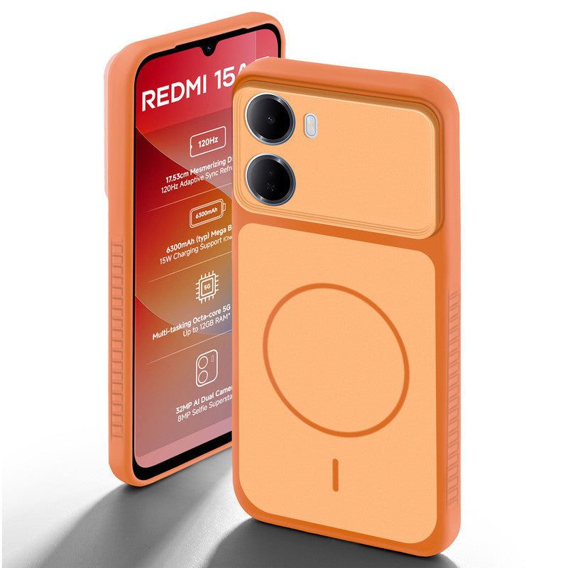 Orange back cover for Redmi 15A 5G with camera cut protection and ring design on back side.