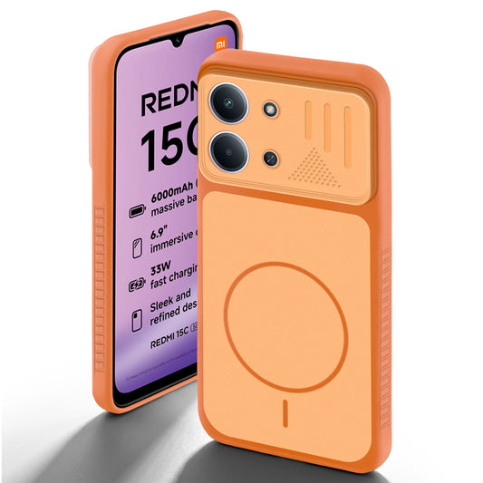 Orange back cover for Redmi 15C 5G with camera cut protection and ring design on back side.