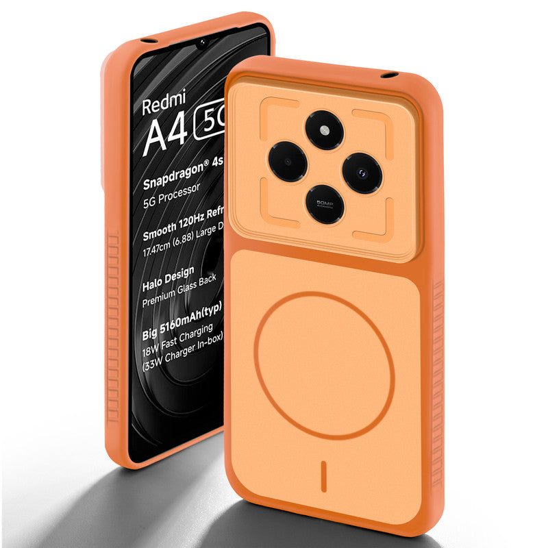 Orange back cover for Redmi A4 5G with camera cut protection and ring design on back side.