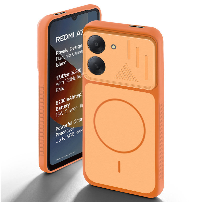 Orange back cover for Redmi A7 4G with camera cut protection and ring design on back side.