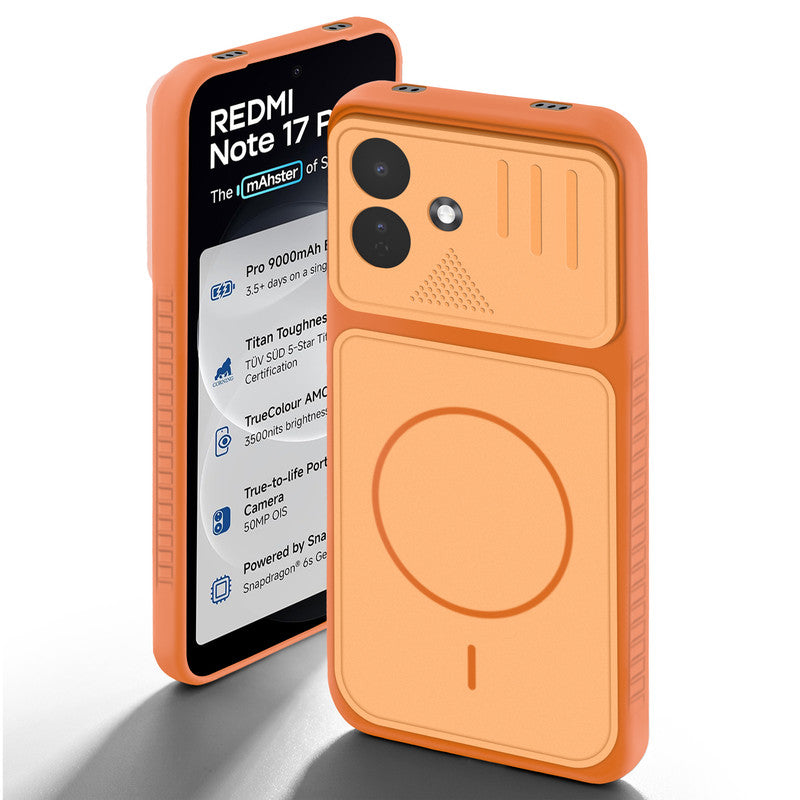 Orange back cover for Redmi Note 17 Pro 5G with camera cut protection and ring design on back side.