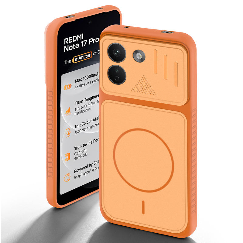 Orange back cover for Redmi Note 17 Pro Max 5G with camera cut protection and ring design on back side.