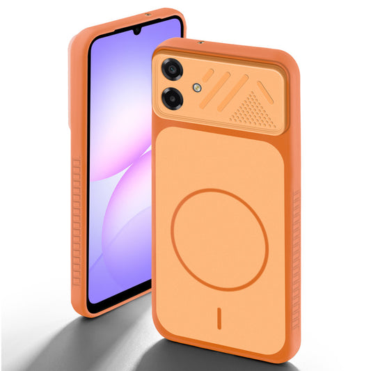 Orange back cover for Samsung A07 5G with camera cut protection and ring design on back side.