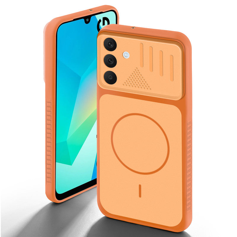 Orange back cover for Samsung A16 5G with camera cut protection and ring design on back side.