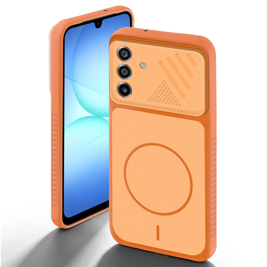 Orange back cover for Samsung A17 5G with camera cut protection and ring design on back side.