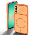 Orange back cover for Samsung A26 5G with camera cut protection and ring design on back side.