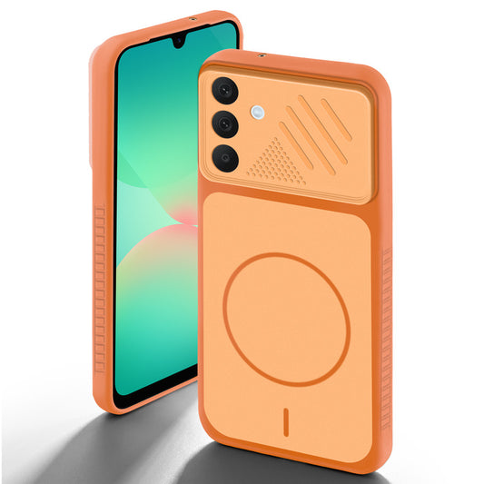 Orange back cover for Samsung A26 5G with camera cut protection and ring design on back side.