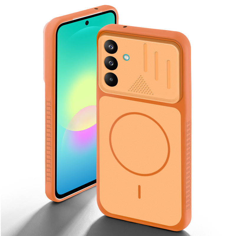 Orange back cover for Samsung A27 5G with camera cut protection and ring design on back side.